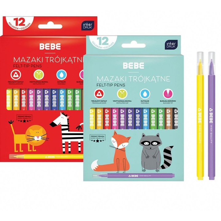 Mazaki/markere INTERDRUK Bebe, triunghiulari, lavabile, Multicolor, 12 buc