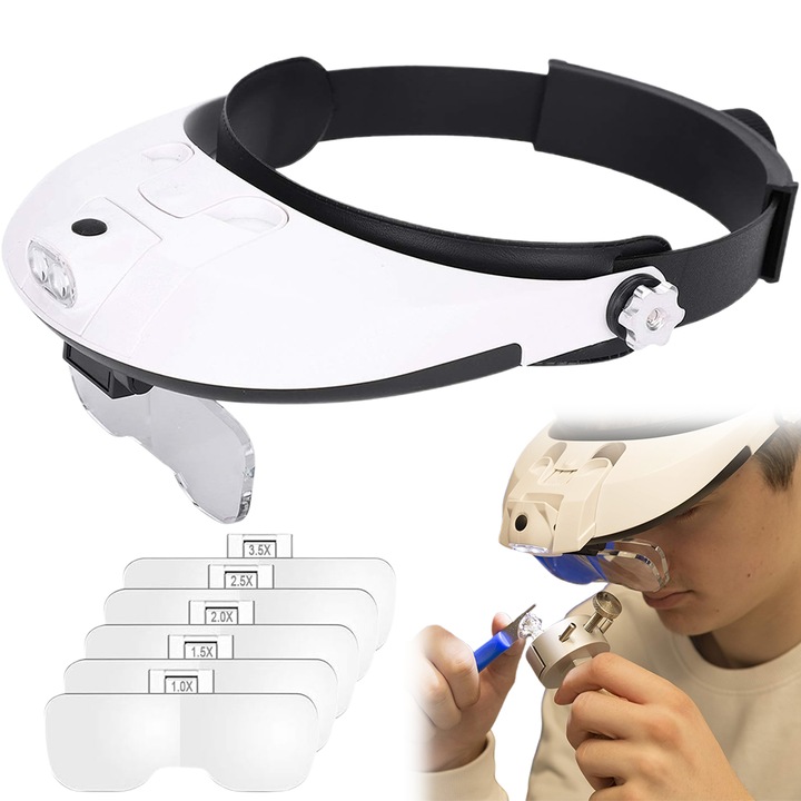 Lupa binoculara Juksun, lupa ochelari cu 5 perechi lentile interschimbabile, marire 1.0x-6.0x, led reglabil detasabil, baterii aaa incluse, alb, 1 bucata
