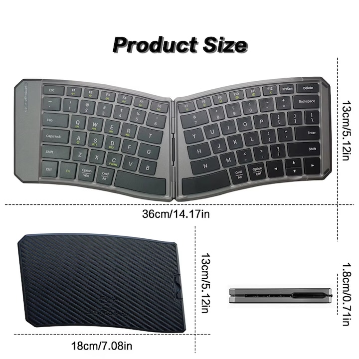 Tastatura wireless JOMAA 2025, tastatura ergonomica pliabila split, bluetooth 5.1 si 2.4G dual-mode, reincarcabila cu USB-C, negru/gri