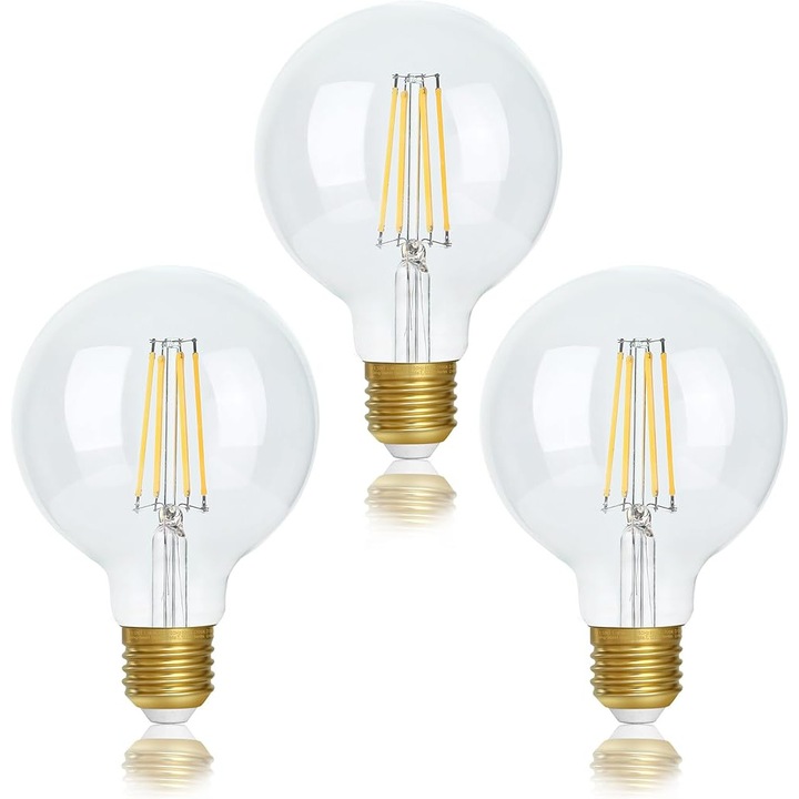 Bec LED E27 set 3, vintage, alb cald, 5.5W, 2700K, 550lm, transparent, G95