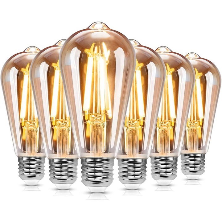Bec LED ST64 filament, vintage lámpa, E27 foglalat, 8W (109W-nak megfelelő), 1680 lm, 2700K meleg fehér, CRI >80, nem szabályozható, A osztály, 6 db