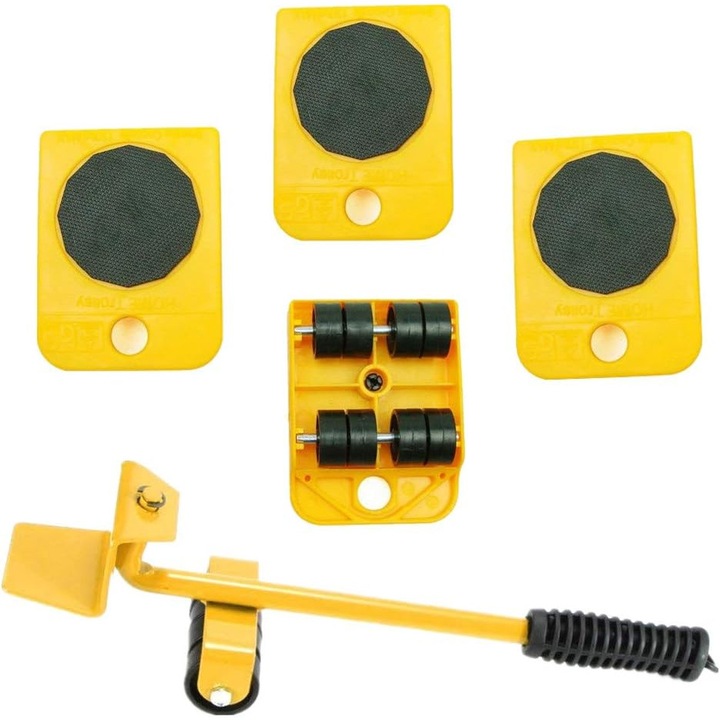Set pentru mutat mobila, levier si 4 role, levier din otel cu maner PVC antiderapant, role ABS cu 4 roti, capacitate pana la 150 kg, galben, 1 set (levier 30.5 cm, role 10x8x3.2 cm)