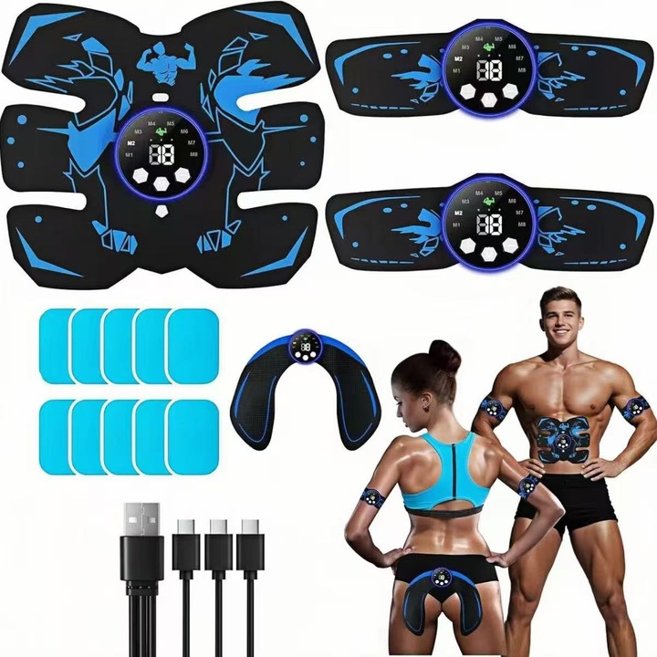 Izom elektrostimulátor / EMS edző hasra, karra és lábra, 8 mód, 29 intenzitási szint, USB újratölthető, 10 hidrogél tapasz, kék, 1 szett