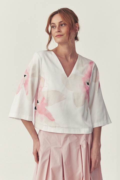 Tatuum, Bluza cu decolteu in V, imprimeu floral si maneci 3/4, Alb/Roz