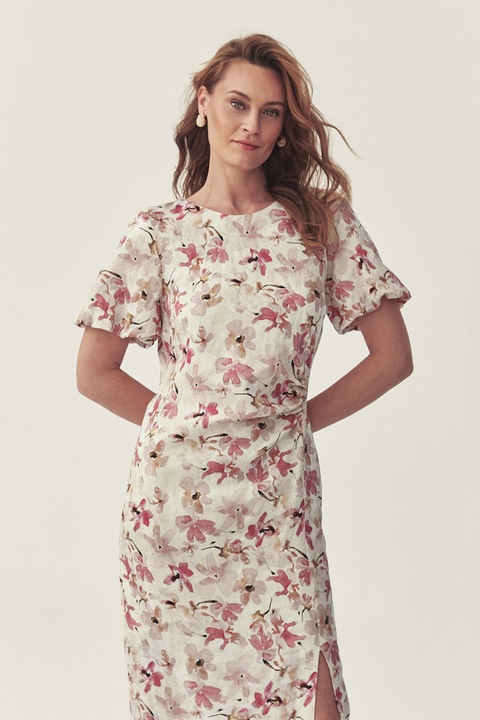 Tatuum, Rochie cambrata cu model floral si slit frontal, Roz/Crem