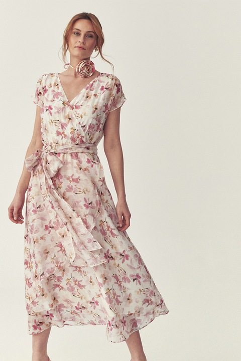 Tatuum, Rochie midi evazata cu model floral si cordon in talie, Roz/Crem, 34