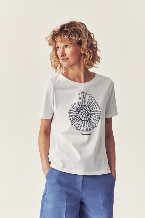 Tatuum, Tricou cu decolteu la baza gatului si imprimeu grafic, Alb/Bleumarin