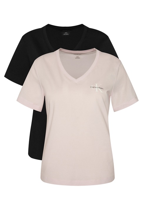 CALVIN KLEIN JEANS, Set de tricouri cu decolteu in V si logo - 2 piese, Negru/Roz pal