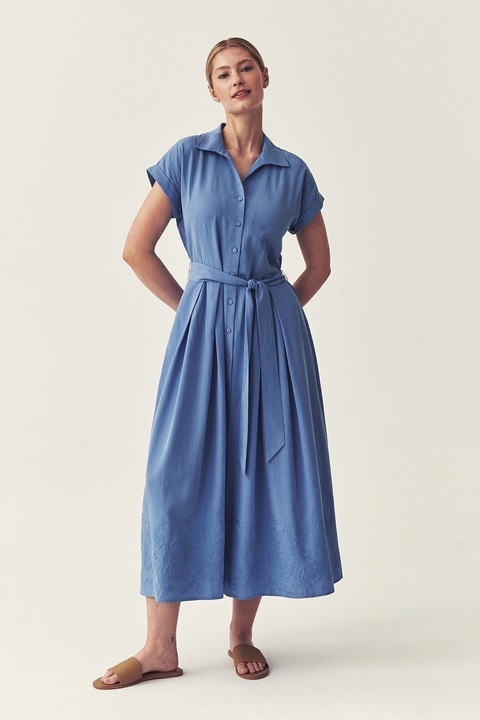 Tatuum, Rochie din in si lyocell cu broderie, Albastru deschis