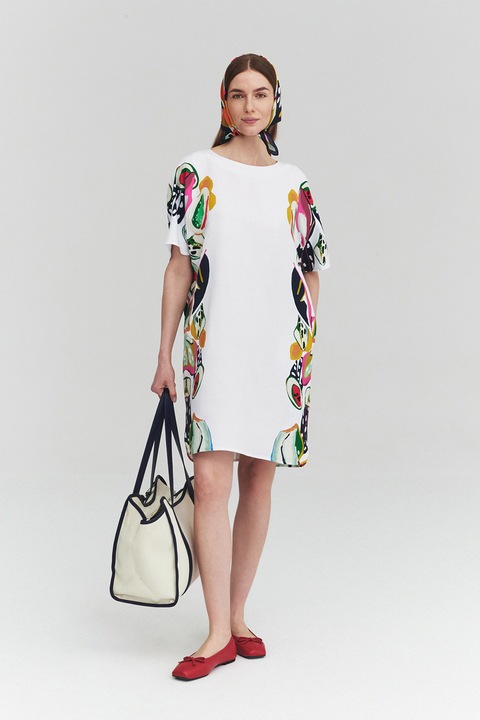 Tatuum, Rochie dreapta din amestec de in cu model grafic, Alb/Albastru ultramarin/Galben sofran