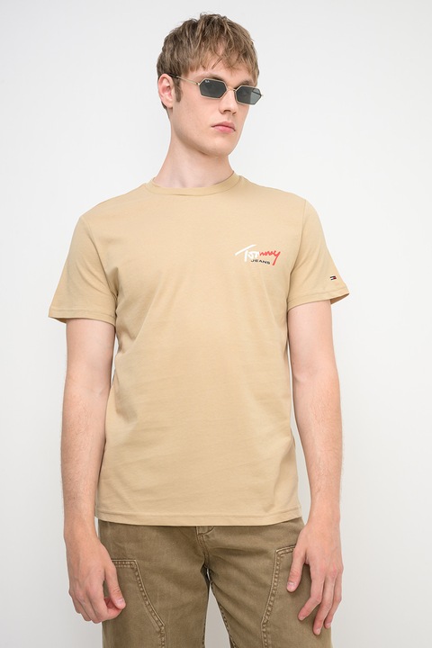 Tommy Jeans, Tricou cu decolteu la baza gatului si imprimeu logo, Bej
