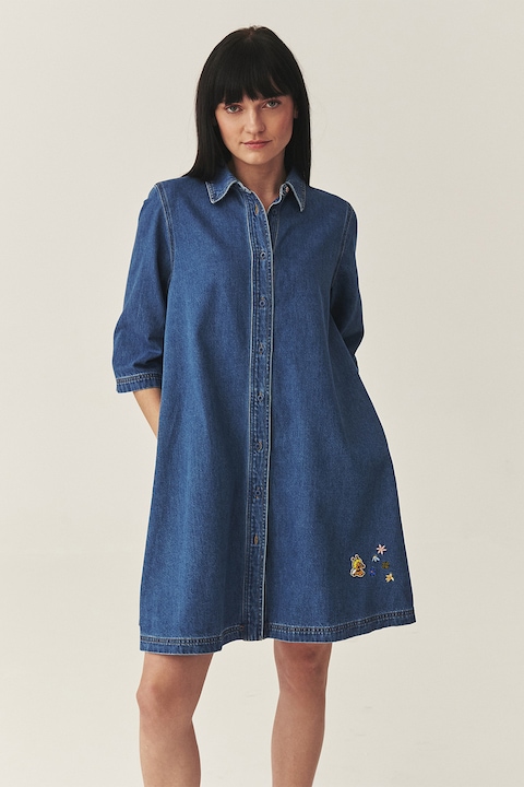 Tatuum, Rochie-camasa din denim cu broderii florale, Albastru oceanic
