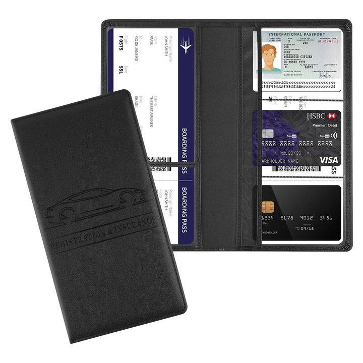 Organizator documente auto, piele PU, cu buzunare multiple, pentru inmatriculare si asigurare, Compact si portabil, 13x24cm, YQLAFT, negru