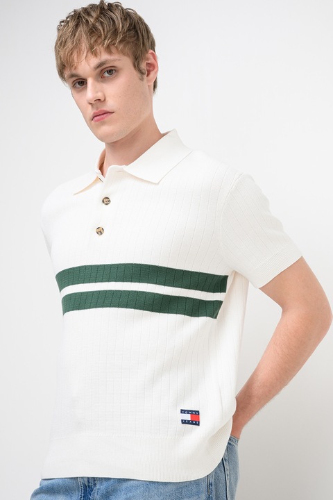Tommy Jeans, Tricou polo din tricot cu striatii si dungi, Alb/Verde englez