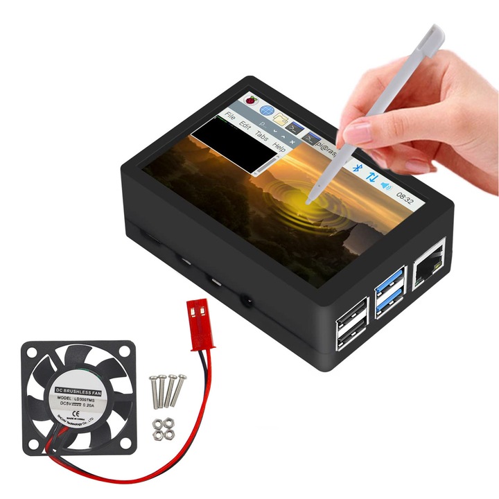 Display touchscreen cu rezistenta, 3.5 inch, 320x480, cu carcasa ABS dedicata Raspberry Pi 4B, cu sistem de racire cu 3 ventilatoare, 1 x stylus, OUYLAF, Negru