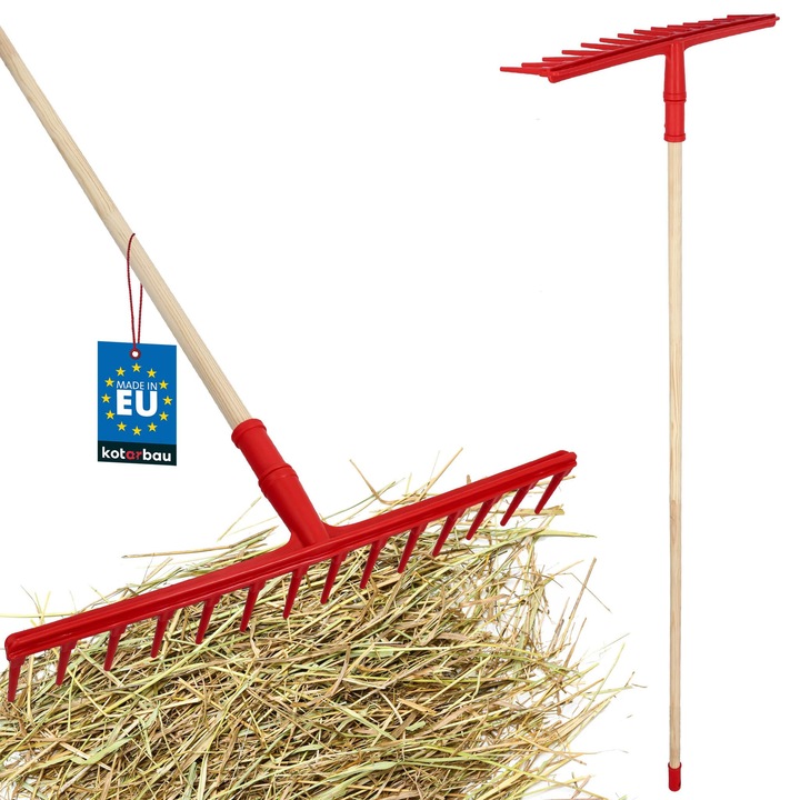 KOTARBAU® Kerti gereblye, levélgereblye, műanyag, 54 cm, 14 fog, 150 cm-es fa nyéllel, Extra-Click, könnyű, gyepgereblye, ergonomikus, piros és fa