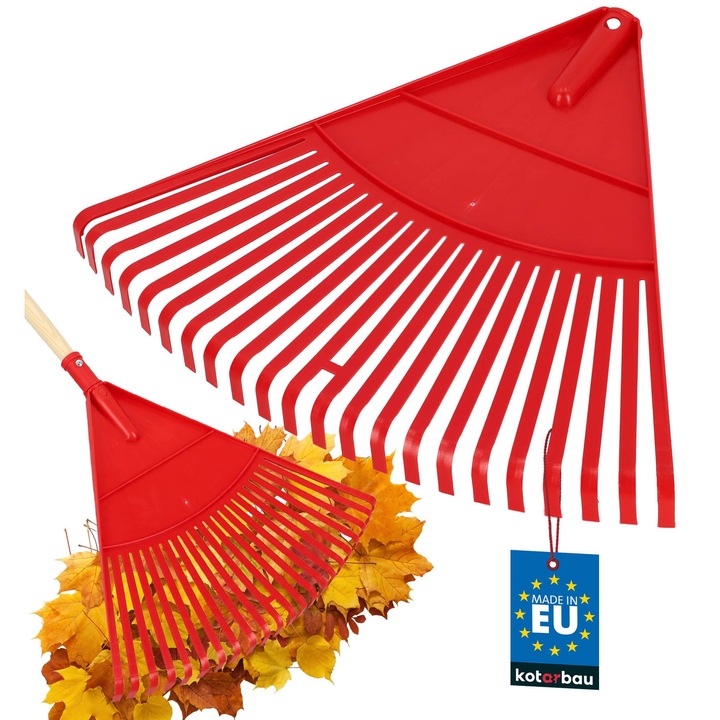 KOTARBAU® Levélgereblye, műanyag, 48 cm, piros, nyél nélkül, Extra-Click, kerti gereblye, levelekhez, könnyű, ergonomikus