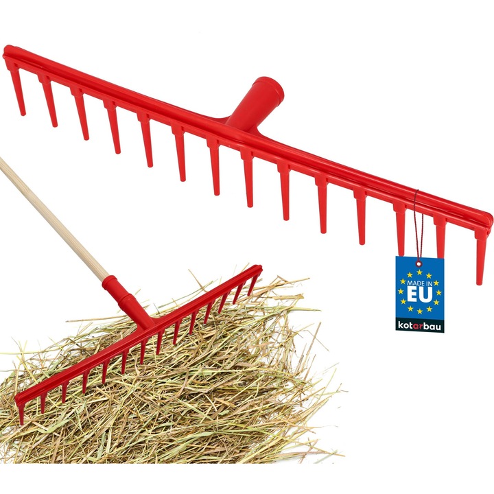 KOTARBAU® Kerti gereblye, lombseprű, műanyag, 54 cm, 14 fog, nyél nélkül, Extra-Click, könnyű, gyepgereblye, ergonomikus, piros