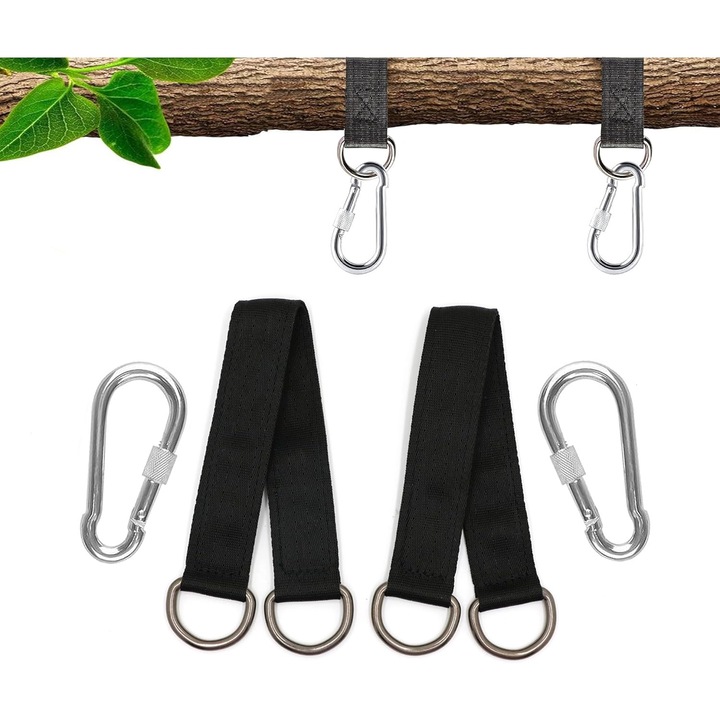 Curele de suspensie pentru leagan, 2 curele de suspensie de 25 cm cu 2 carabine si inele D, curele de hamac robuste si reglabile pentru hamace de camping