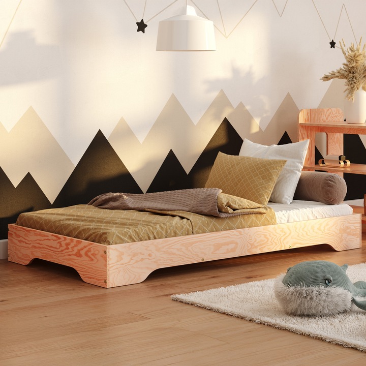 Pat pentru copii 120x60 cm din lemn de pin natural, cu somiera de pana la 230 kg, montaj usor – Pat single pentru baiat sau fata Tila 7 Smartwood