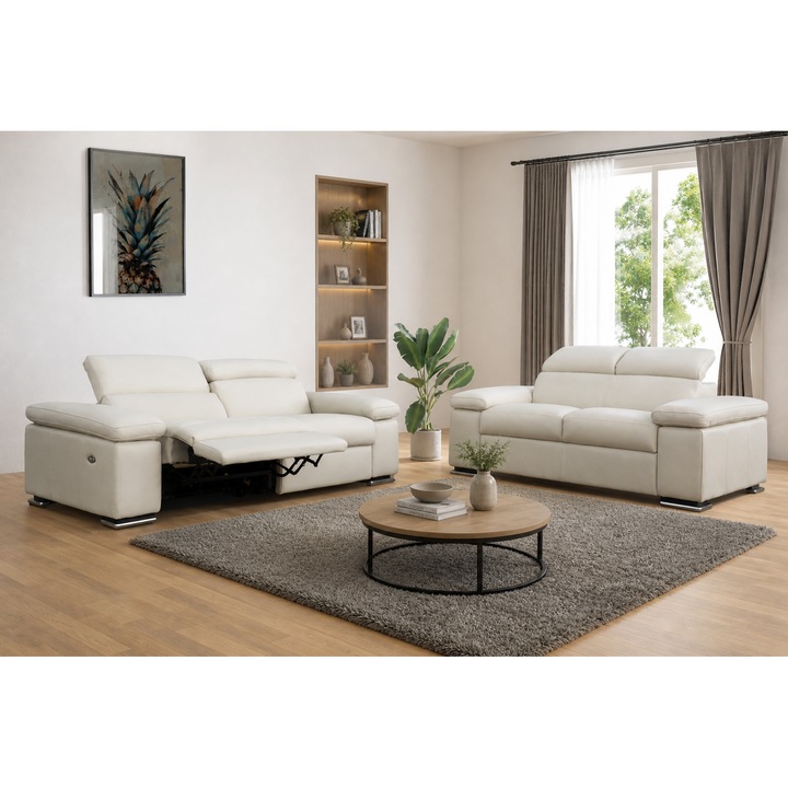 Set canapele ERMIONE, format din canapea 3 locuri cu 2 reclinere electrice si canapea 2 locuri fara reclinere, tetiere reglabile, piele naturala italiana