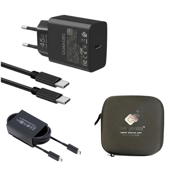 Kit Incarcator super Fast Charge 45W PD usb C, T4510 compatibil cu Samsung S25, S24, S24 ultra, 2 Cablu de date USB-C - C 5A 1.8m, QUANDES®, geanta depozitare