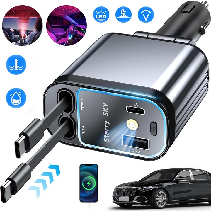 Incarcator auto.4 in 1 66W Super Fast Charge, Universal.Cablu Retractabil Type-C+USB.Cu proiector de stele, iluminare ambientala colorata.Protectie la supraincalzire, Rotire stecher la 180°.Compatibil cu mobile, tablete si alte dispozitive