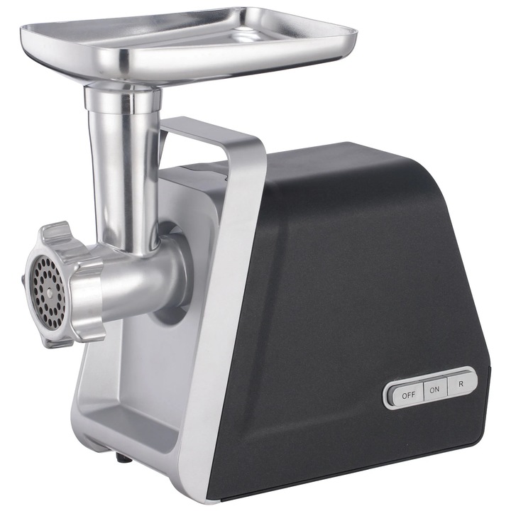 Masina de tocat carne, electrica, Paxton MTC-1500DA, 1 viteza, functie Reverse, 2 kg/min, 1500 W, negru + argintiu, accesoriu carnati, accesoriu kibbe, accesoriu suc rosii