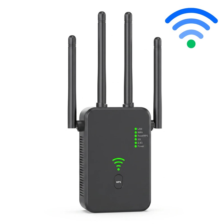 Удължител на обхват WIFI HASEPE® 1200M Dual Band, Усилвател на WIFI сигнал, WIFI усилвател с разширено покритие, Удължител на обхват WIFI със защита, WIFI усилвател за домашен офис, Стабилен WIFI усилвател, Дизайн