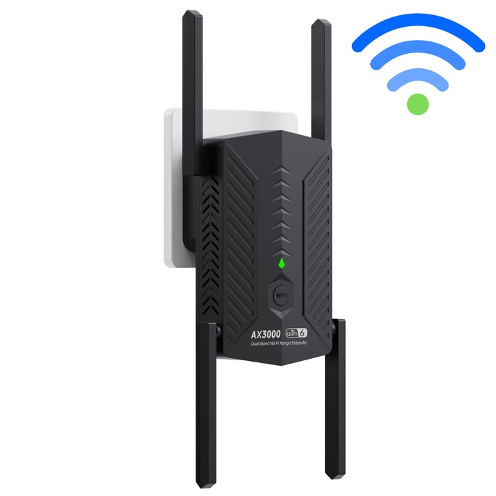 WiFi Repeater HASEPE® 3000Mbps WiFi Extender Dual Band 2.4GHz 5GHz, Amplificator WiFi Cu 4 Antene, WiFi Repeater Cu Port LAN Gigabit, WiFi Extender Mesh WPS, Amplificator WiFi Pentru Casa, Repeater Se