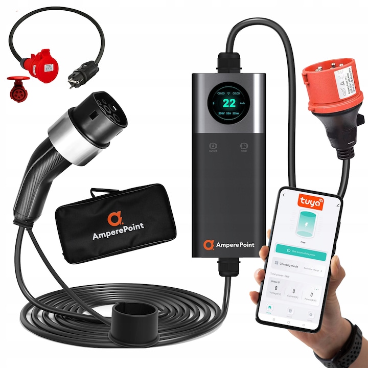 Statie incarcare portabila, Amperepoint, Model Q 22kW + adaptor Schuko, Tip 2, Cu reductie 32A, Negru, 22 kW