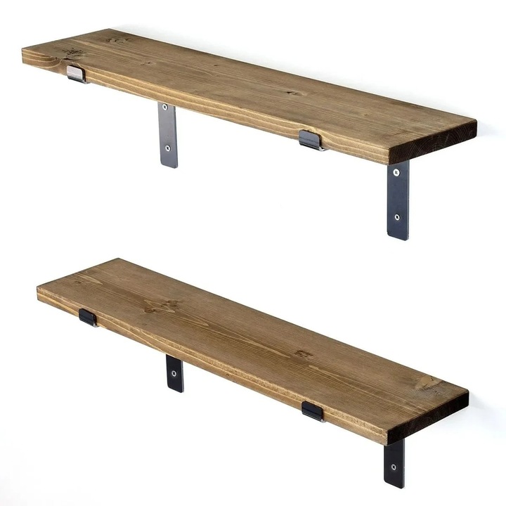 Re-Bloom - 2 db fali polc szett, 60x16x14 cm, 100% kézzel készített lucfenyő fa, fém tartók, 2.4 kg/db teherbírás, fekete és dió