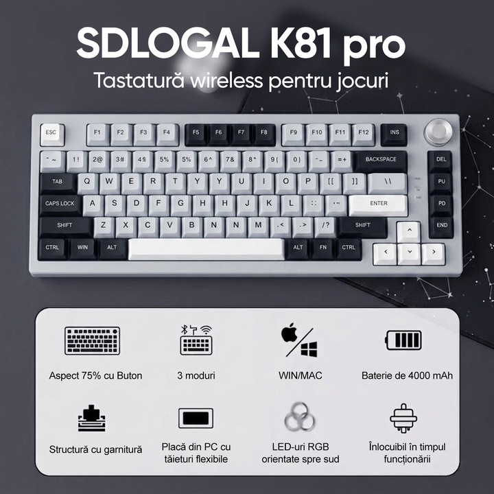 Механична клавиатура K81, SDLOGAL, суичове GreenTrack V6.0, PBT Double-Shot капачки за клавиши, трирежименa свързаност (USB-C/2.4GHz/Bluetooth), 4000mAh батерия, синя