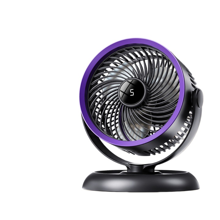 Elektromos ventilátor, 5 sebességfokozat, 2 világítási fokozat, intelligens digitális kijelző, állítható dőlésszög fel, le, balra és jobbra, asztali használat vagy falra szerelhető, Type-C porton keresztül tölthető, lila/szürke