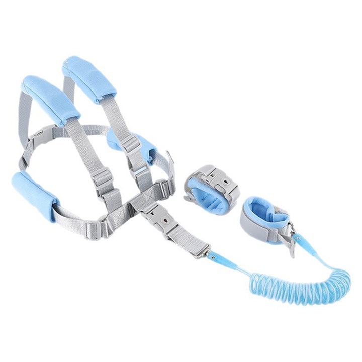 Set ham de prevenire pierdere copii, cu ham reglabil si franghie de tractiune 1.5m, doua moduri de utilizare, Albastru