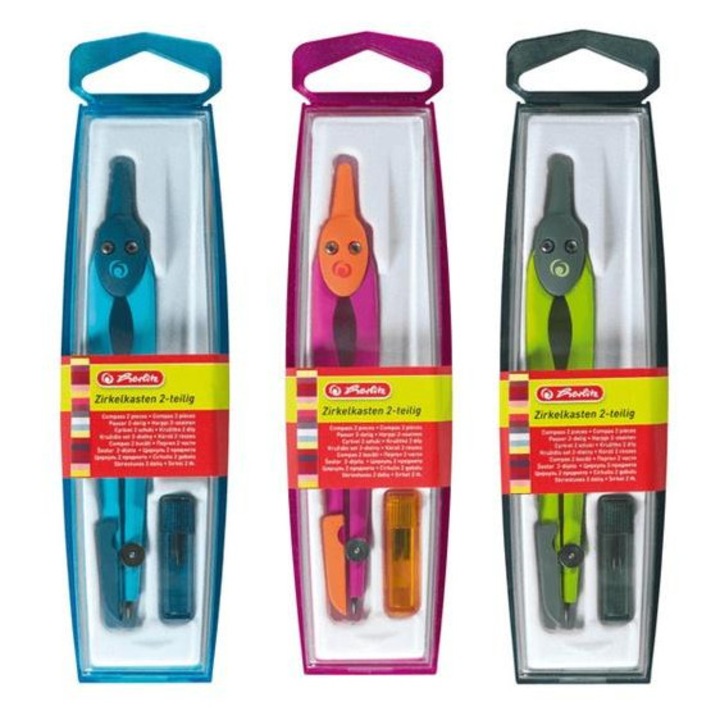 Compas scolar Herlitz 2 piese in caseta, cu mina de rezerva, cutie transparenta, multicolor, 1 set