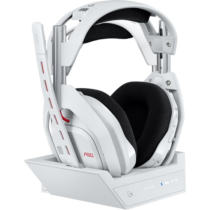 Casti gaming wireless Logitech G Astro A50 LIGHTSPEED Gen 5 cu statie de baza, PRO-G Graphene 40mm, comutare 3 platforme Xbox/PS5/PC/Mac/Switch, Bluetooth, microfon broadcast 48kHz, ANC, autonomie 24h, alb