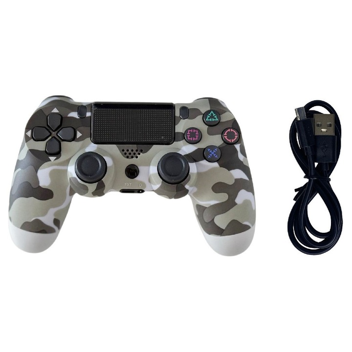 Controller wireless pentru PS4, PS-TV si PS Now, Double Shock – Touch Pad, Serie-Compatible IT-98, laptop, pad, phone, cu vibratii, cablu incarcator inclus, gri camuflaj, HAPPY JOKER®