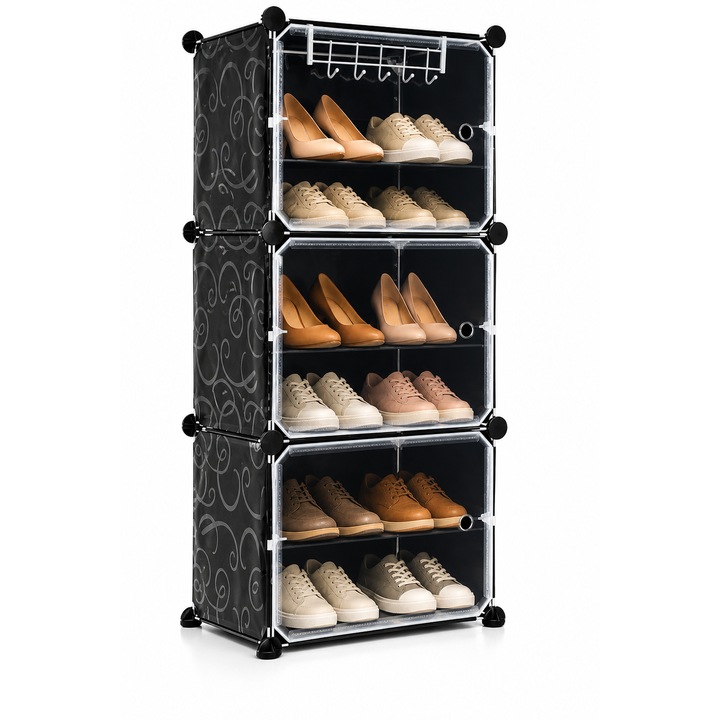 Moduláris polc, 3 modul, 6 polc, 6 szint, 93 x 44 x 31.5 cm, nyitható ajtók, fém keret, akasztók, összeszerelő kalapács mellékelve, PP, vas és ABS, fekete