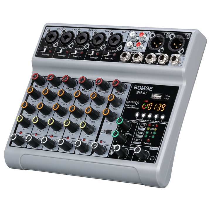 Mixer audio Profesional 7 canale BOMGE BM-07, efecte DSP, portabil, Bluetooth, USB, alimentare 48V, XLR out, Inerface audio, Placa de sunet, EQ 3benzi, Potrivit pentru petreceri profesionale de inregistrare, PC Inregistrare, DJ, KTV si scena, Negru