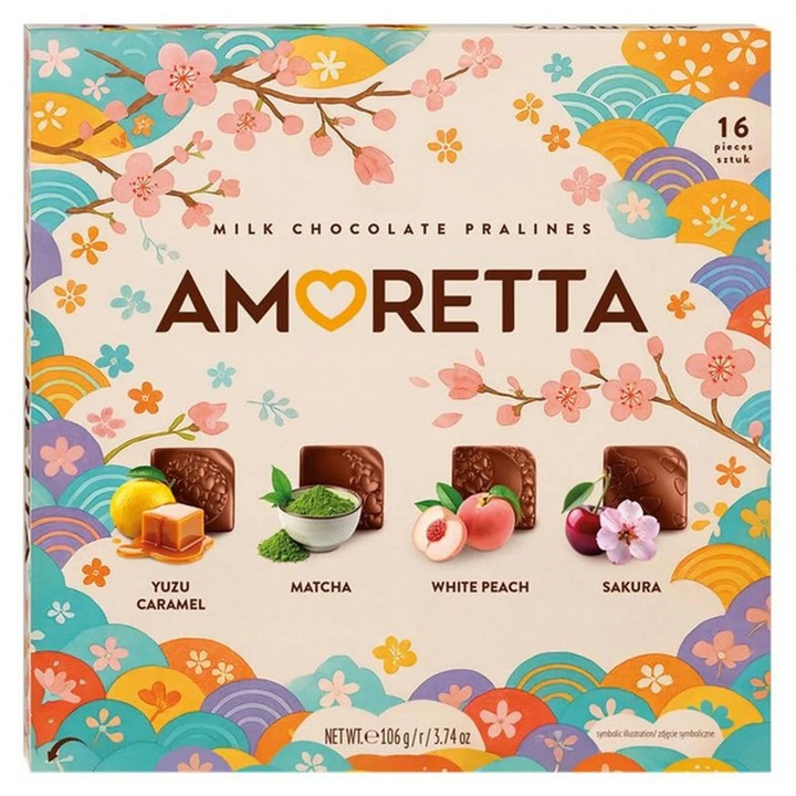 Praline Mieszko Amoretta 106g, 16 bucăți, ciocolată cu lapte, arome exotice