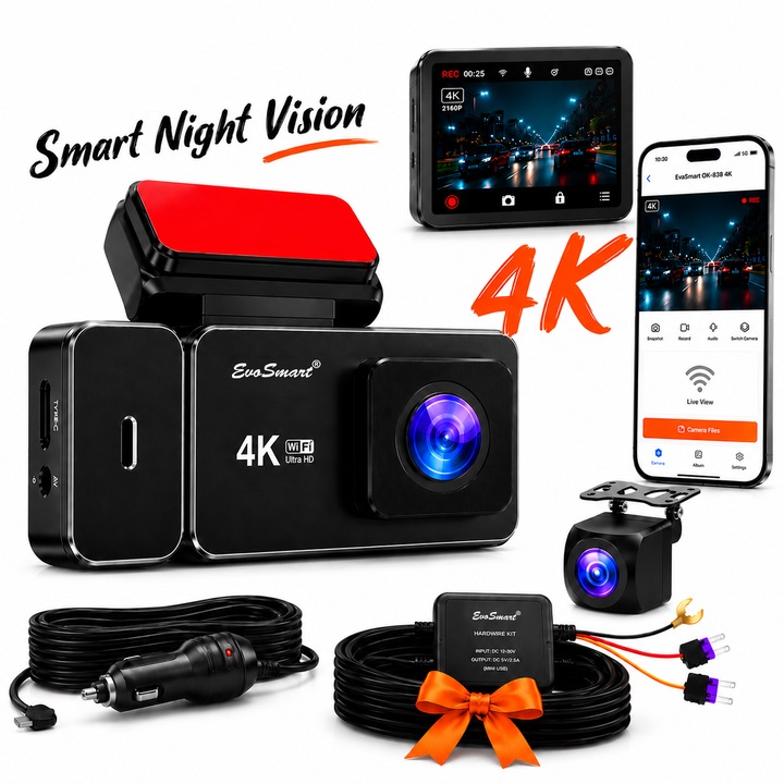 Camera Auto De Bord EvoSmart™ OK-838, Rezolutie 4K, Camera Dubla Waterproof, Smart Night Vision, Display Ultra 3.19 inch, Inregistrare In Bucla, G-Sensor, Kit Monitorizare 24h Inclus, Negru
