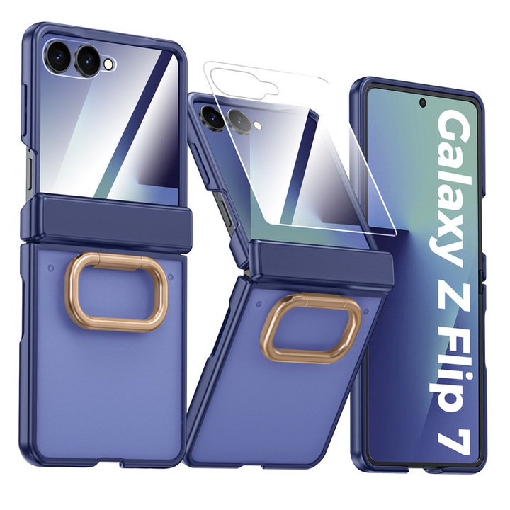 Husa Compatibil cu Samsung Galaxy Z Flip 7, inel suport, design subtire, folie protectie ecran, anti-soc, semitransparenta mata, Albastru