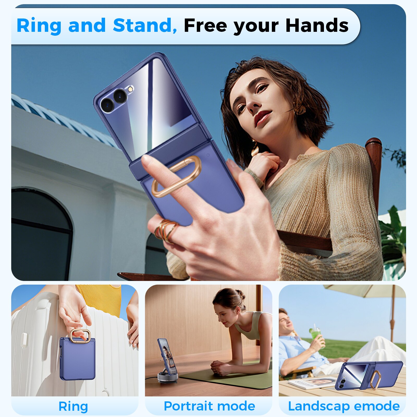 Husa Compatibil cu Samsung Galaxy Z Flip 7, inel suport, design subtire, folie protectie ecran, anti-soc, semitransparenta mata, Albastru