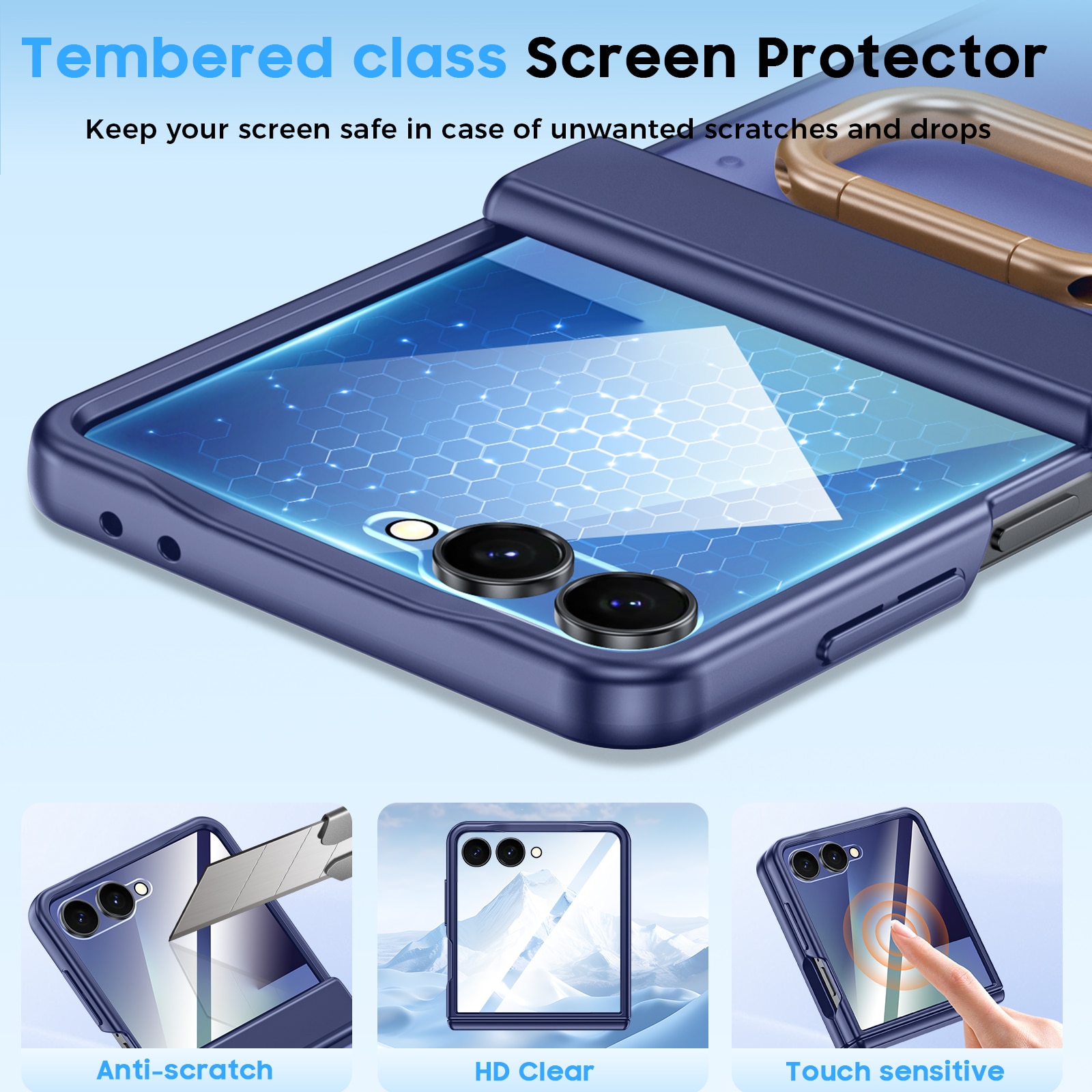 Husa Compatibil cu Samsung Galaxy Z Flip 7, inel suport, design subtire, folie protectie ecran, anti-soc, semitransparenta mata, Albastru
