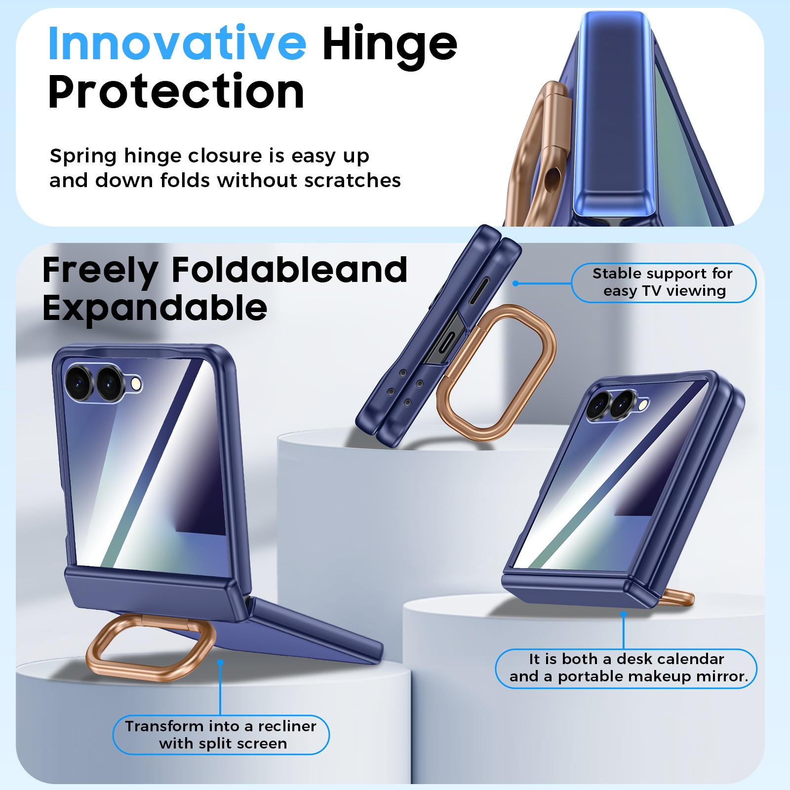 Husa Compatibil cu Samsung Galaxy Z Flip 7, inel suport, design subtire, folie protectie ecran, anti-soc, semitransparenta mata, Albastru