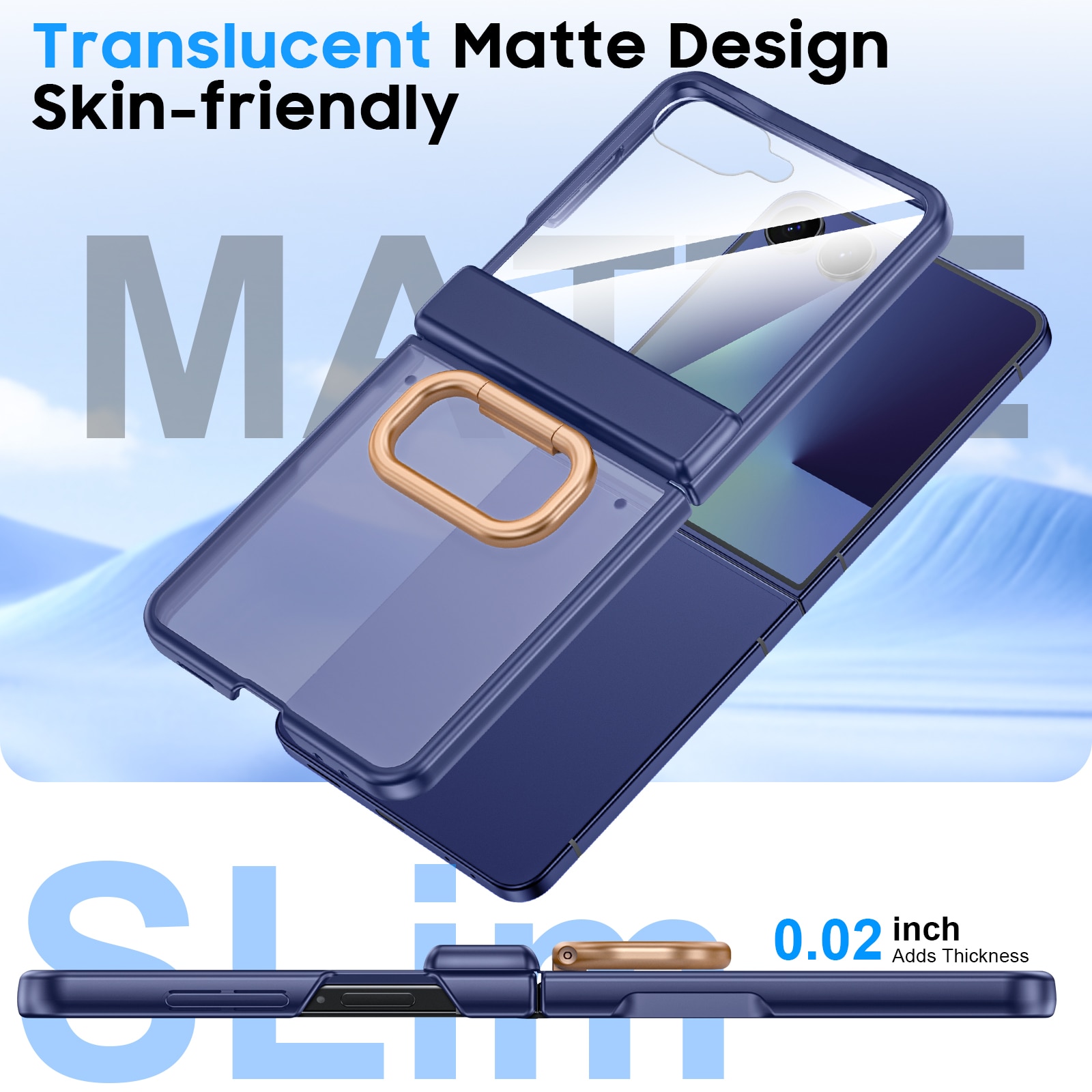 Husa Compatibil cu Samsung Galaxy Z Flip 7, inel suport, design subtire, folie protectie ecran, anti-soc, semitransparenta mata, Albastru