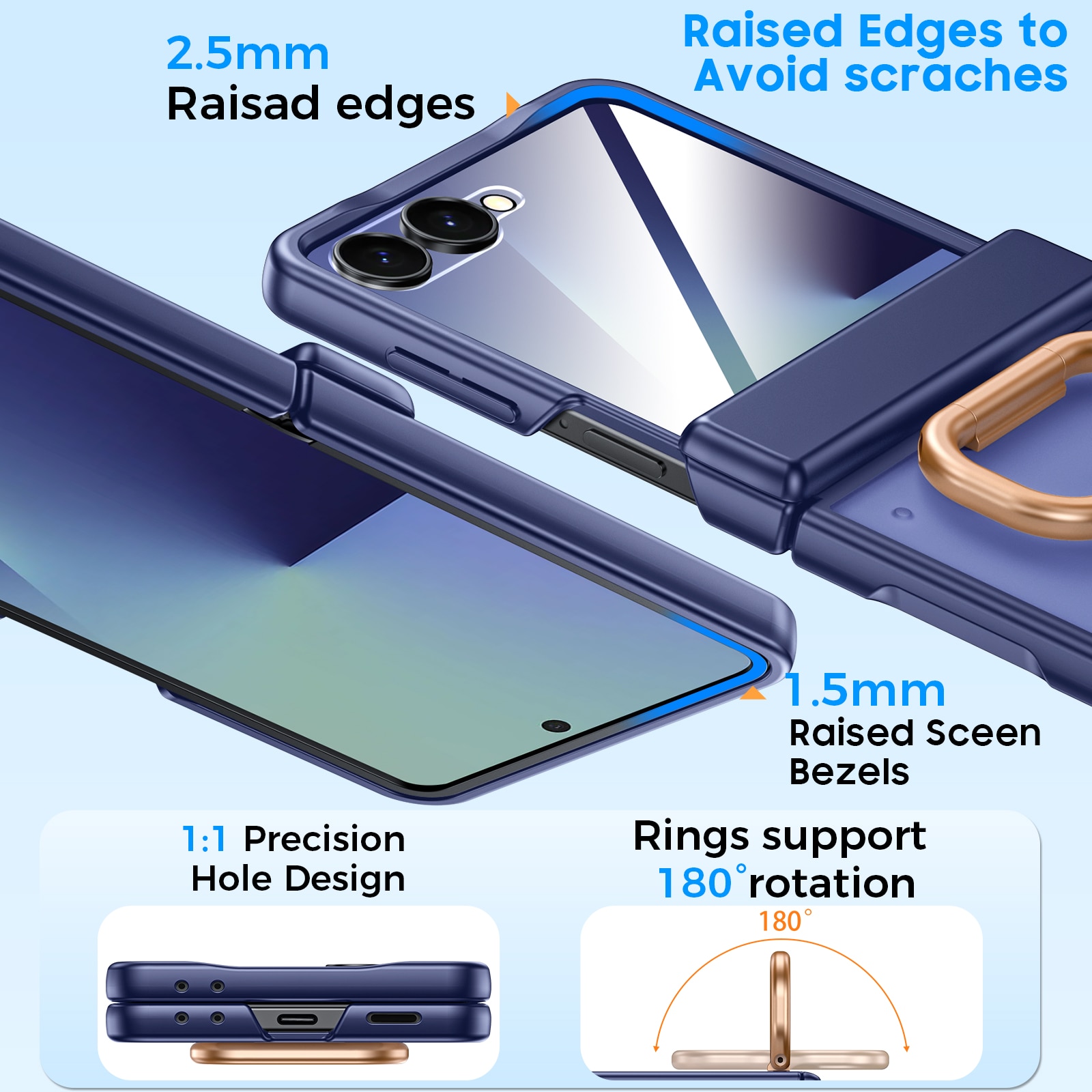 Husa Compatibil cu Samsung Galaxy Z Flip 7, inel suport, design subtire, folie protectie ecran, anti-soc, semitransparenta mata, Albastru