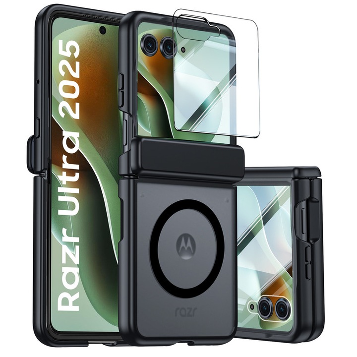 Husa pentru Motorola Razr 60 Ultra / Razr Ultra 2025, compatibila MagSafe, protectie balama si ecran, anti-soc, semitransparenta mata, Negru