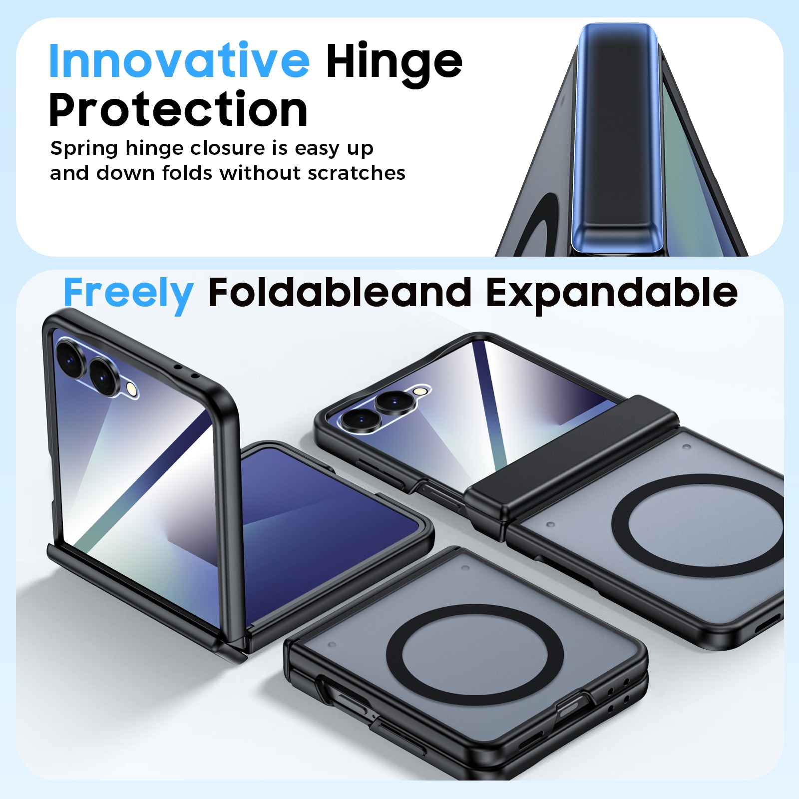 Husa pentru Samsung Galaxy Z Flip 7, compatibila MagSafe, protectie balama, folie sticla inclusa, antisoc, anti-zgarieturi, negru